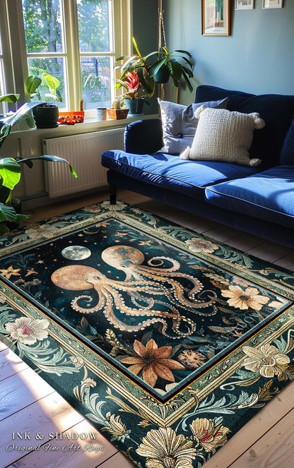 Moonlit Mystic Octopus Area Rug | Magical Sea Life Accent Rug Ethereal Ocean Aesthetic Beach House Throw Whimsigothic Decor Style Nautical |