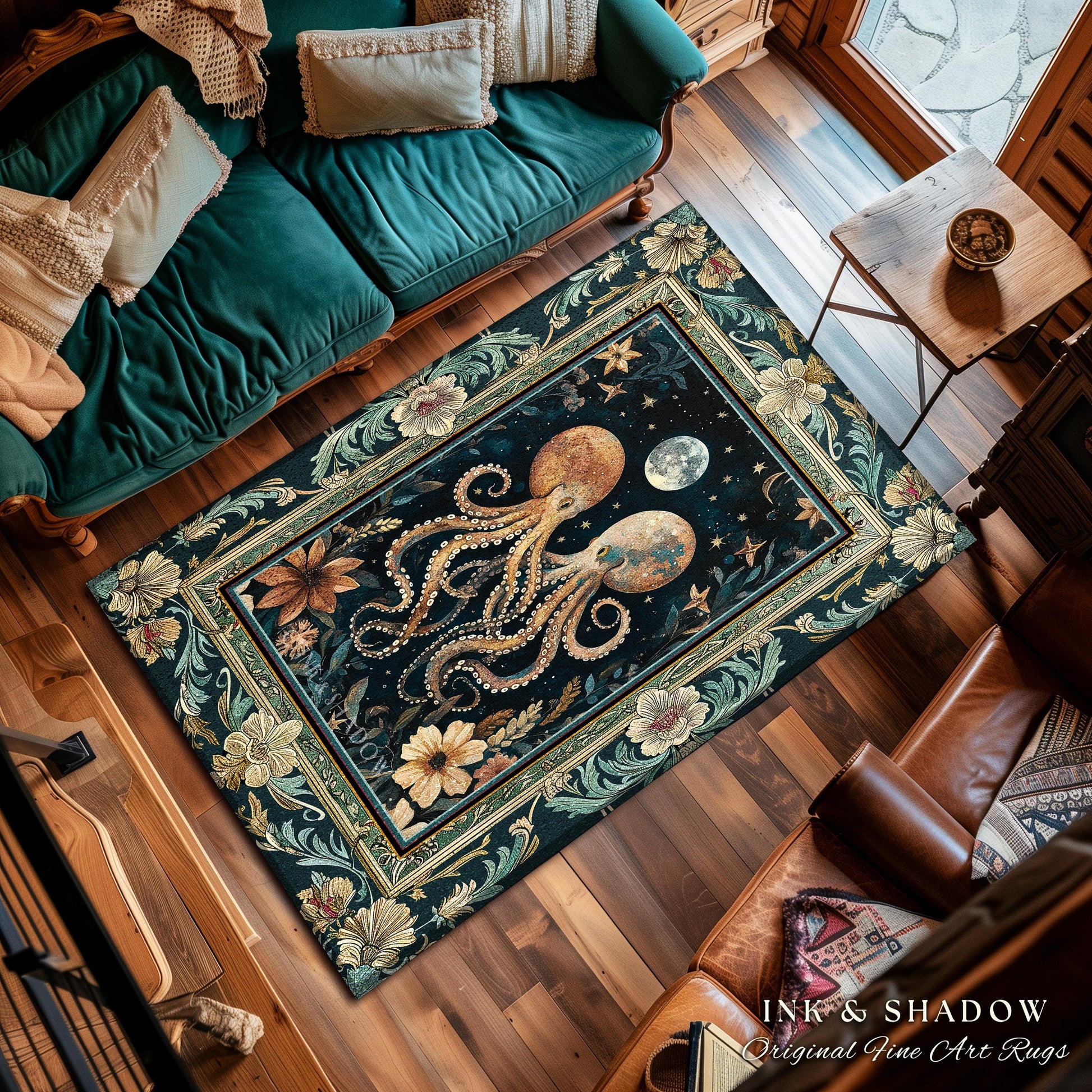 Moonlit Mystic Octopus Area Rug | Magical Sea Life Accent Rug Ethereal Ocean Aesthetic Beach House Throw Whimsigothic Decor Style Nautical |