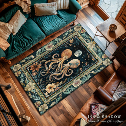 Moonlit Mystic Octopus Area Rug | Magical Sea Life Accent Rug Ethereal Ocean Aesthetic Beach House Throw Whimsigothic Decor Style Nautical |