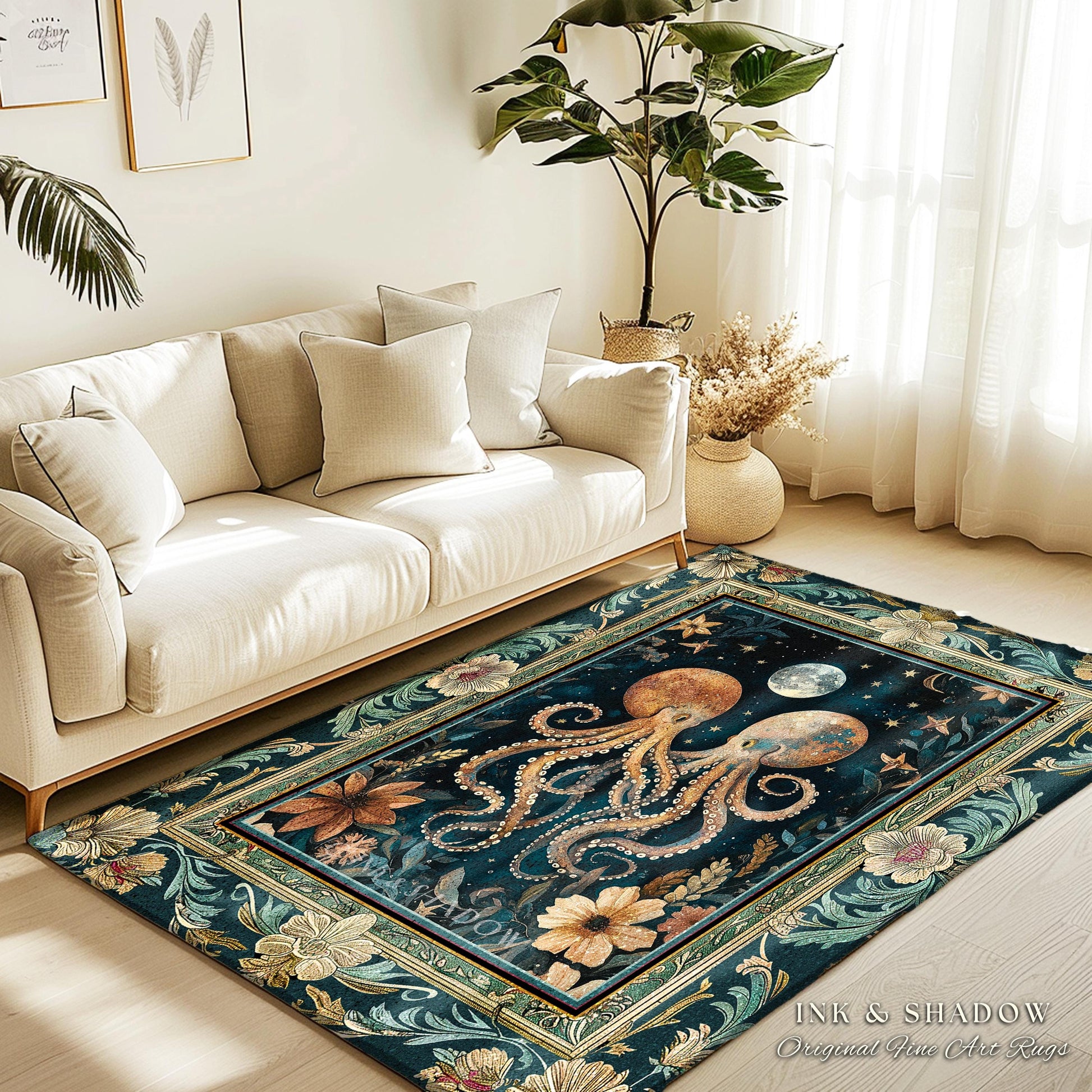 Moonlit Mystic Octopus Area Rug | Magical Sea Life Accent Rug Ethereal Ocean Aesthetic Beach House Throw Whimsigothic Decor Style Nautical |
