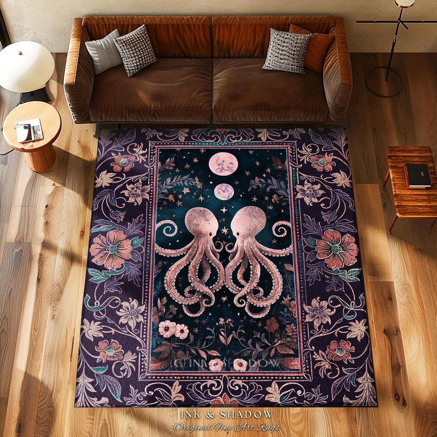 Lunar Magic Whimsical Octopus Rug | Midnight Purple Dark Academia Nautical Celestial Goblincore Oceanic Mystery Victorian Floral Area Rug |