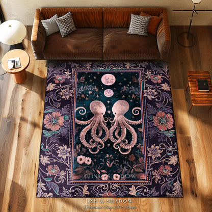 Lunar Magic Whimsical Octopus Rug | Midnight Purple Dark Academia Nautical Celestial Goblincore Oceanic Mystery Victorian Floral Area Rug |
