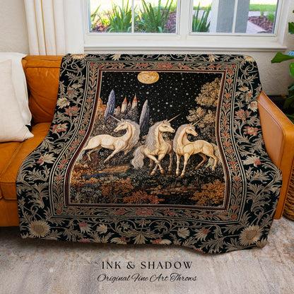 Medieval Ethereal Unicorn Tapestry | Goblincore Aesthetic Woven Blanket Ornate Vintage Gothic Baroque Florals Magical Wonders Bedroom Throw