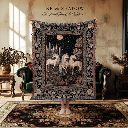 Medieval Ethereal Unicorn Tapestry | Goblincore Aesthetic Woven Blanket Ornate Vintage Gothic Baroque Florals Magical Wonders Bedroom Throw