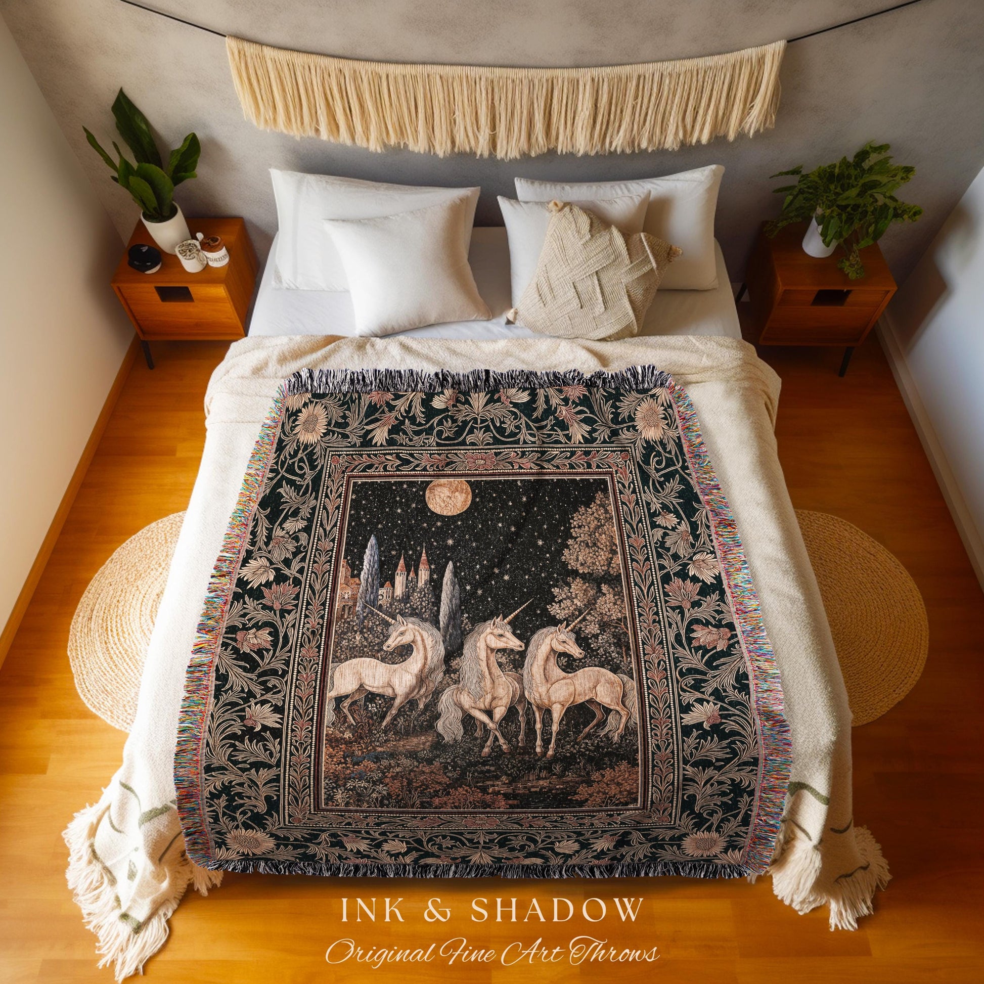 Medieval Ethereal Unicorn Tapestry | Goblincore Aesthetic Woven Blanket Ornate Vintage Gothic Baroque Florals Magical Wonders Bedroom Throw