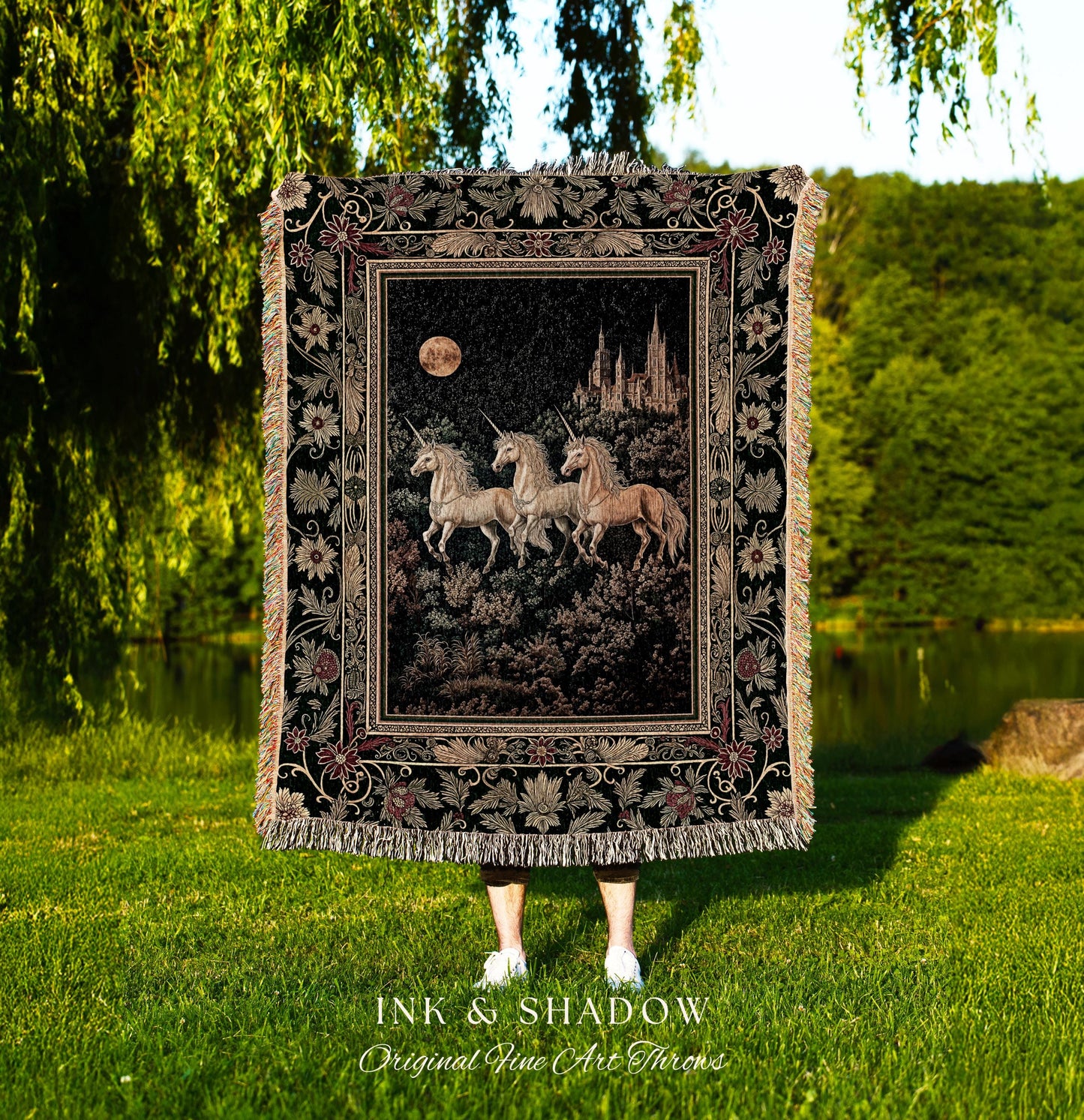 Fairytale Theme Moonlit Ethereal Tapestry | Unicorn Royalcore Woven Blanket Castle Aesthetic Dreamy Bedroom Baroque Home Accent Gothic Art |