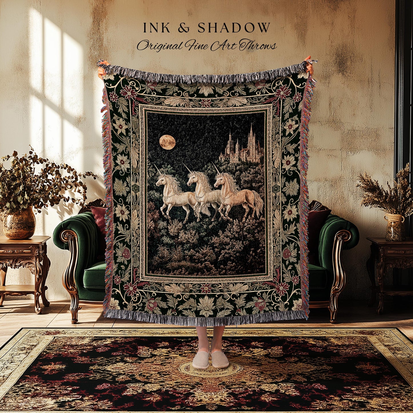 Fairytale Theme Moonlit Ethereal Tapestry | Unicorn Royalcore Woven Blanket Castle Aesthetic Dreamy Bedroom Baroque Home Accent Gothic Art |