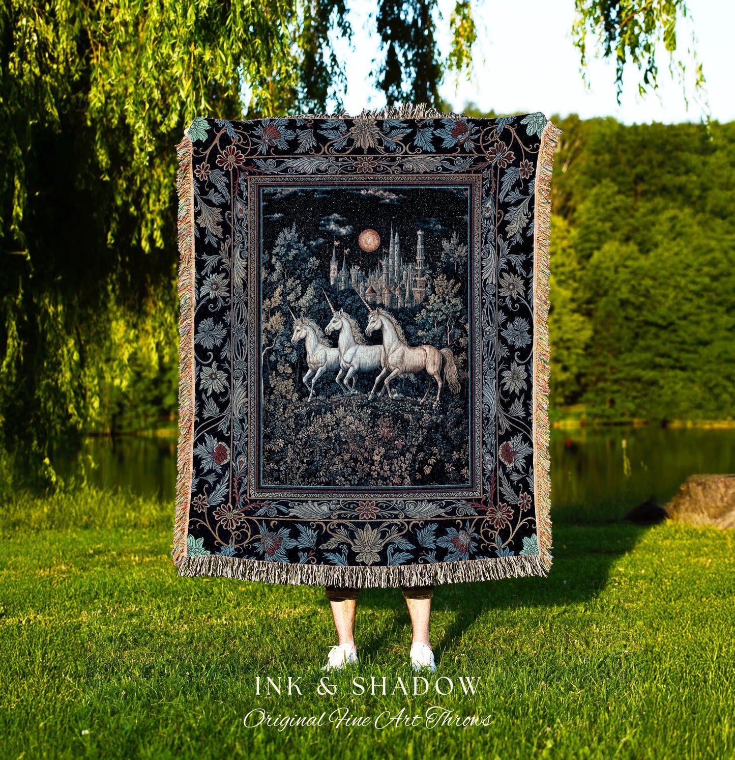 Witchy Dark Romantic Woven Tapestry | Medieval Folklore Decor Fairytale Inspired Cottagecore Whimsical Fantasy Unicorn Throw Blanket Gothic