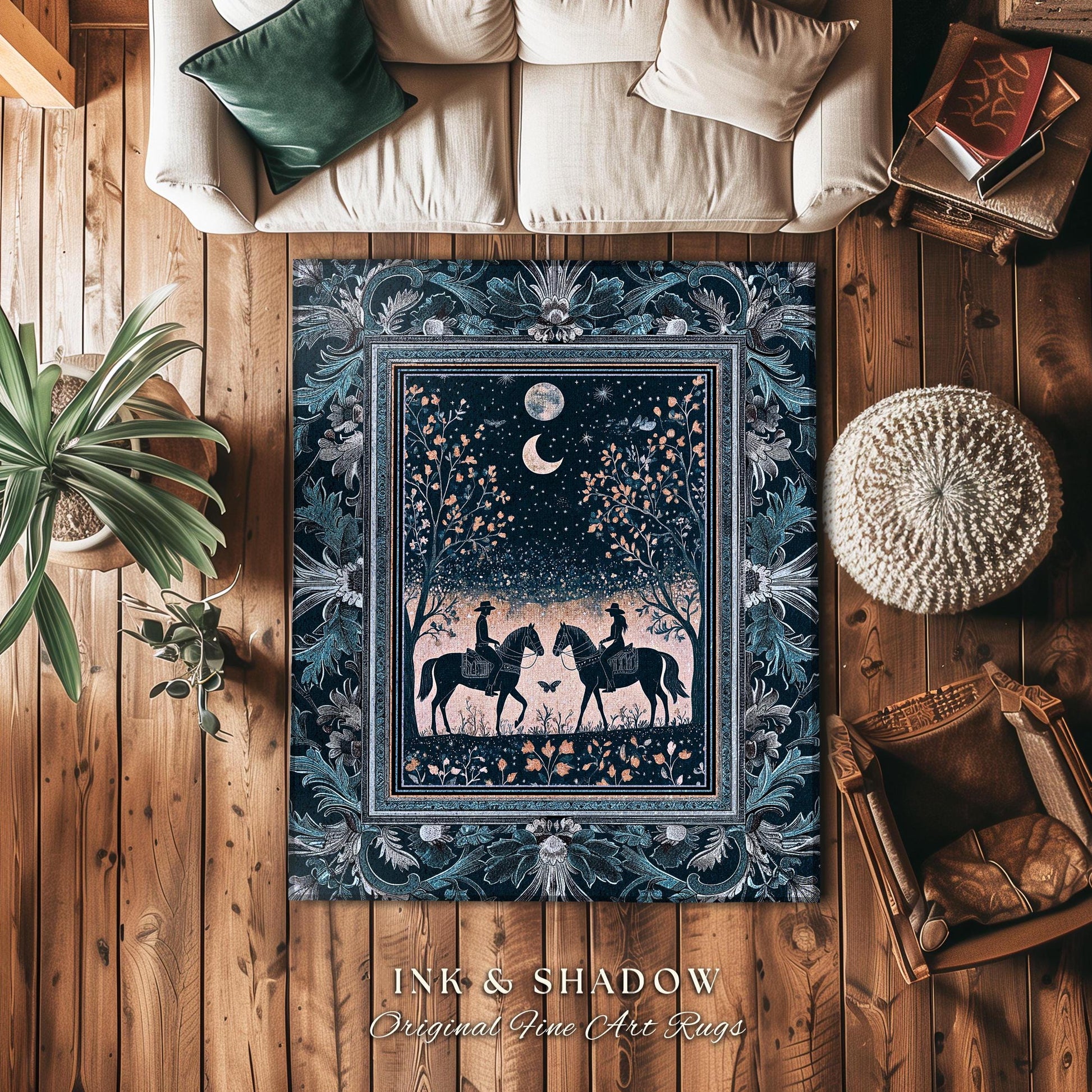 Dreamy Western Charming Area Rug | Rustic Moonlit Western Cowgirl Ethereal Farmhouse Decor Southwestern Home Decor Horse Lover Whimsical |