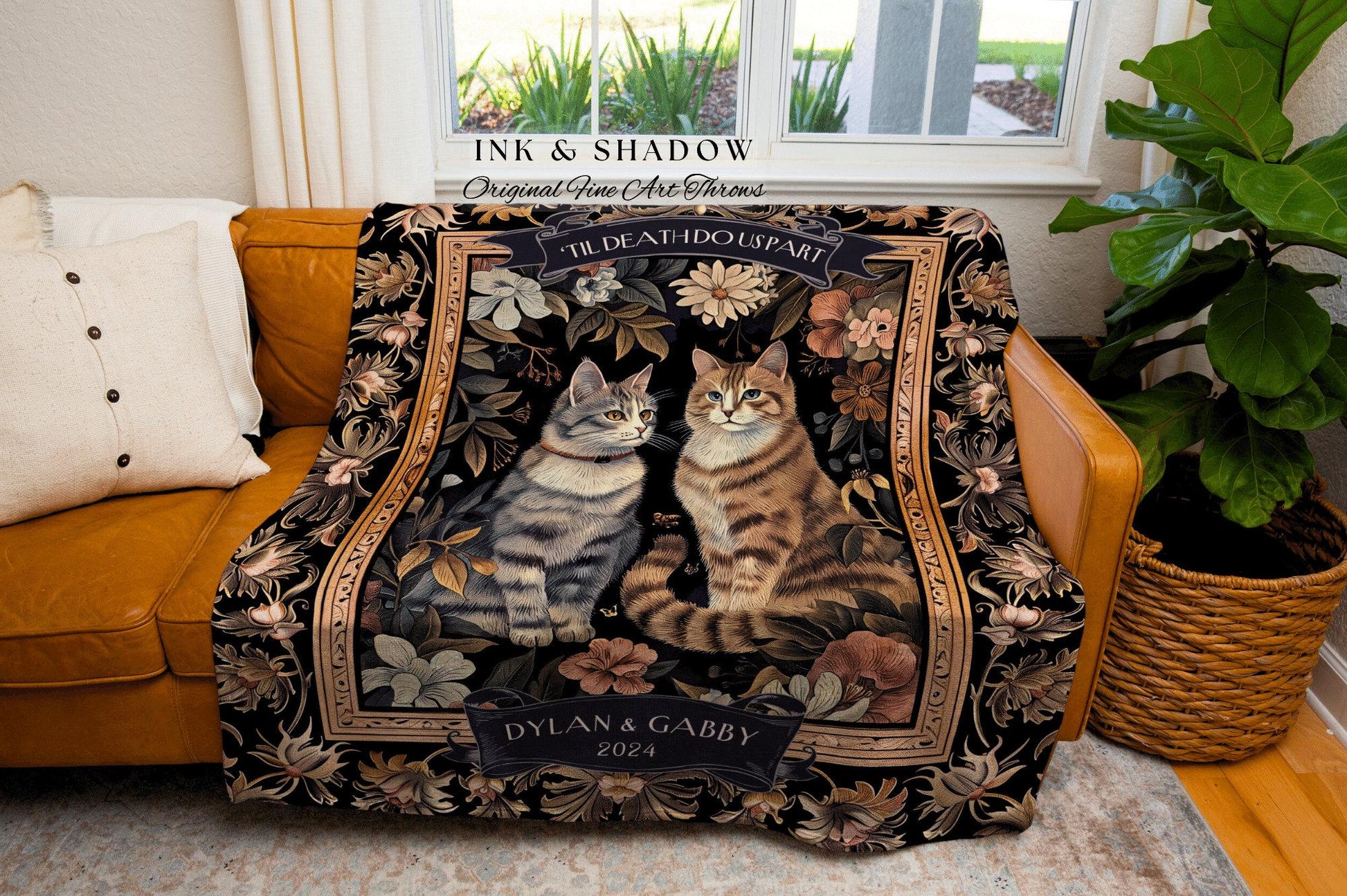 Romantic Floral Couple Blanket | Personalized Victorian Gothic Dark Academia Aesthetic Woven Throw Custom His & Hers Gift for Cat Lover Boho