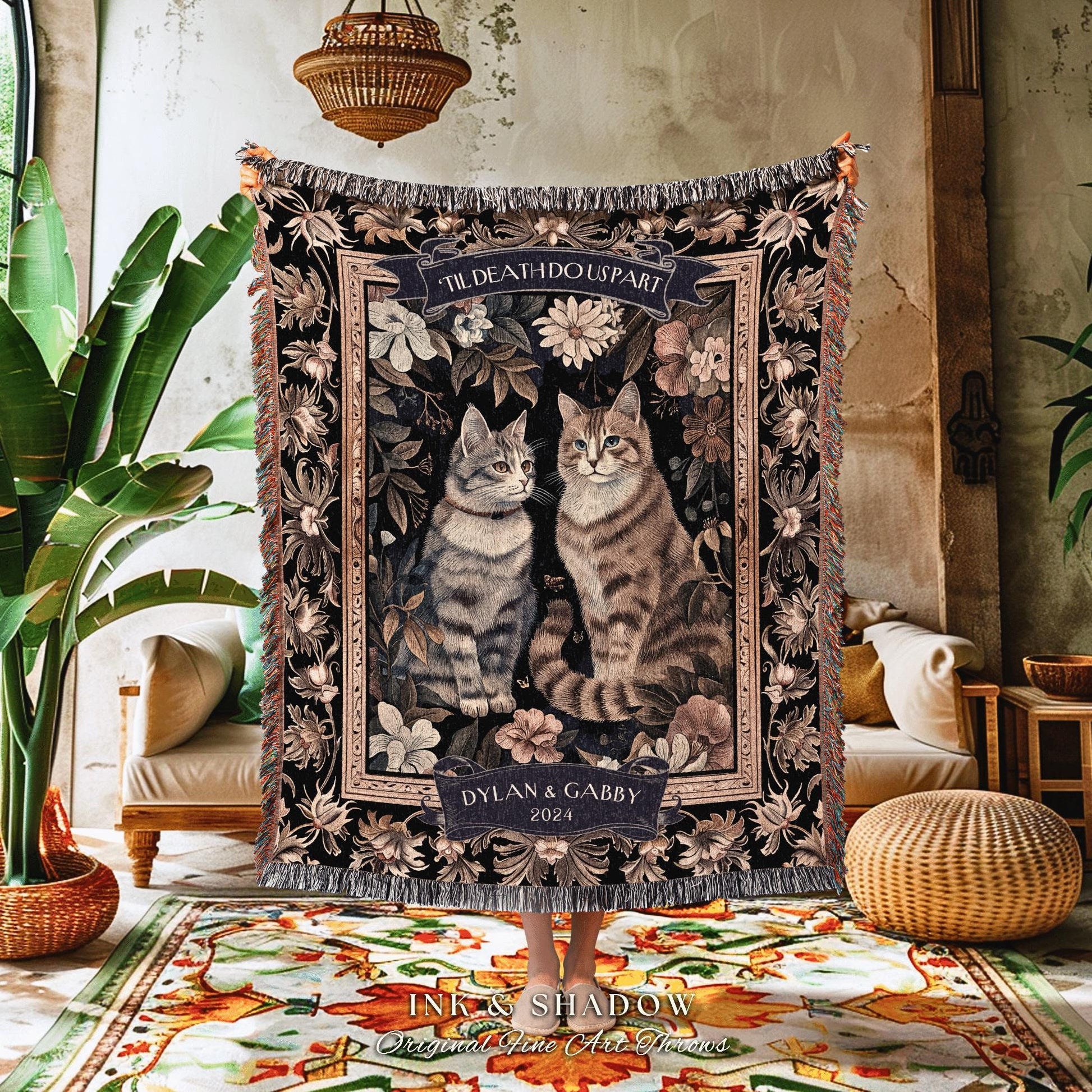 Romantic Floral Couple Blanket | Personalized Victorian Gothic Dark Academia Aesthetic Woven Throw Custom His & Hers Gift for Cat Lover Boho