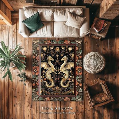 Fantasy Inspired Dragon Rug Victorian Gothic Decor | Enchanted Medieval Dragon Lovers Light Academia Mystical Mythological Whimsigothic Art