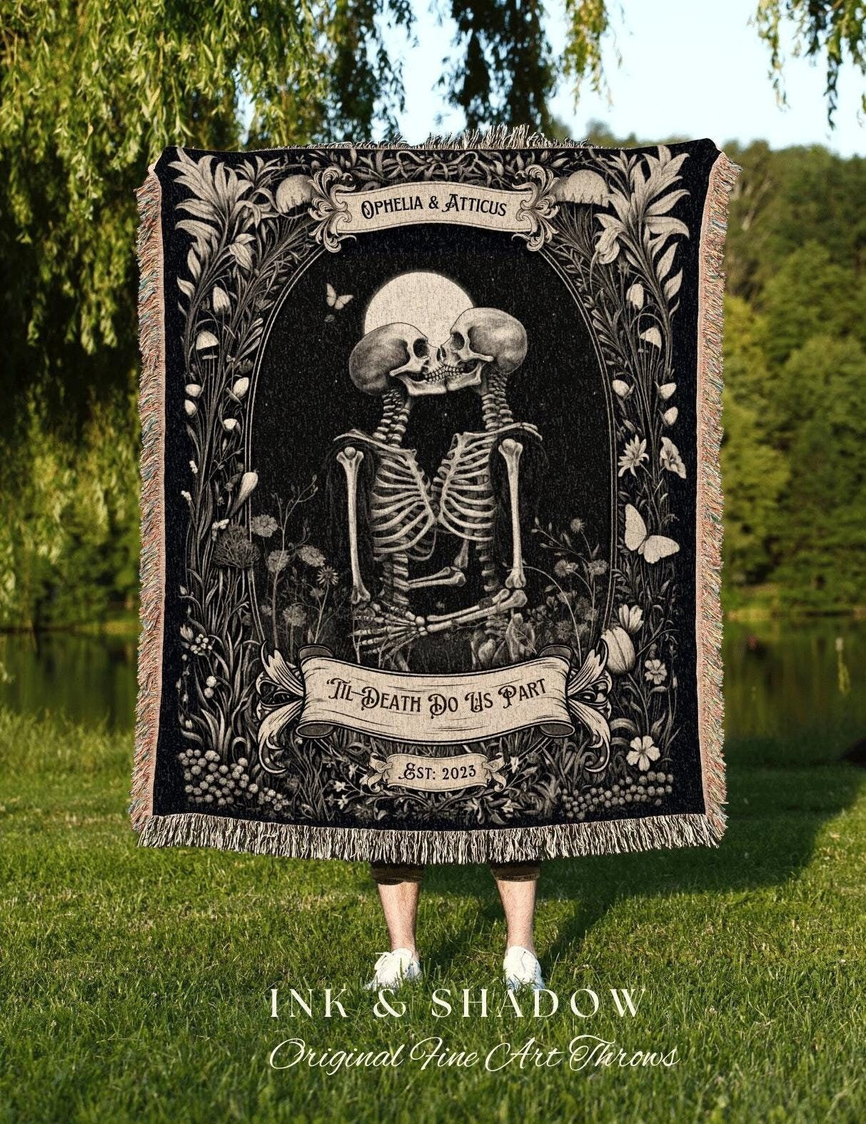 Whimsigoth Skeleton Couple Custom | Personalized Wedding Anniversary Blanket Spooky Gift for Goths Custom Ghost Gift Mr & Mrs Anniversary |