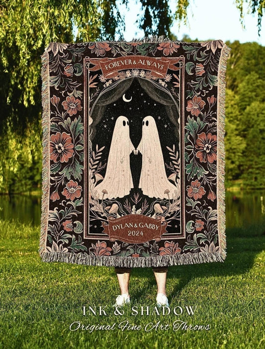 Dark Floral Ghost Lovers Custom Blanket | Kindred Spirits Personalized Gothic Wedding Blanket Woven Ghost Gift for Girlfriend Gothic Decor |