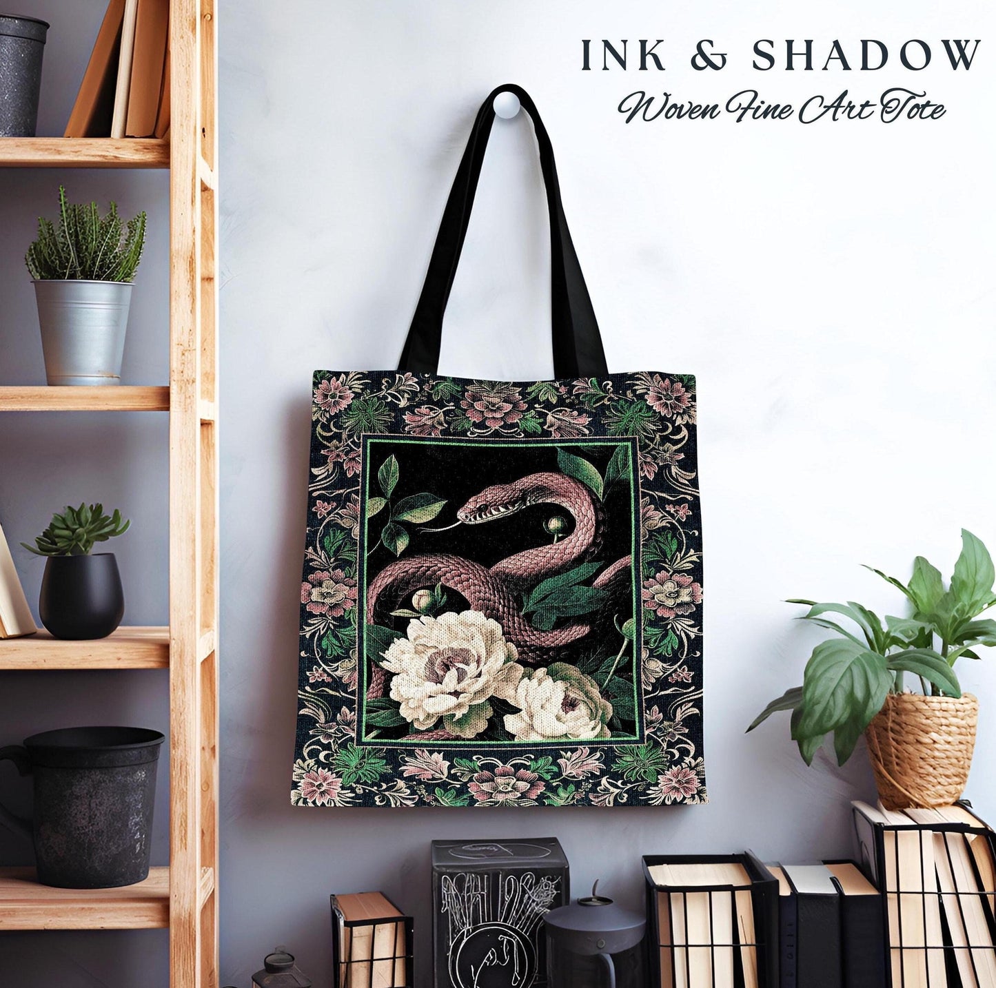 Botanical Forestcore Serpent Bag Gothic Woodland Floral Snake Tapestry Tote, Mystic Goblincore Cottagecore Enchanted Victorian Academia Art