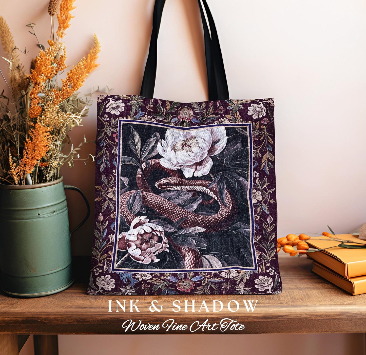 Whimsigothic Dark Floral Serpent Tapestry Tote Enchanted Forest Whimsical Purple Botanical Bag Mystical Witchy Cottagecore Vintage Snake Art