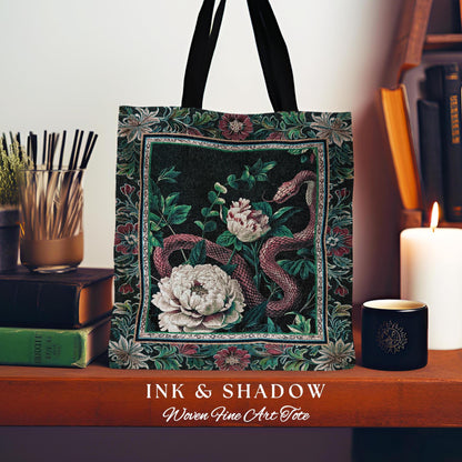 Enchanted Forest Snake Tote Dark Woodland Floral Gothic Tapestry Bag | Mystic Cottagecore Aesthetic Vintage Serpent Medieval Art Accessory