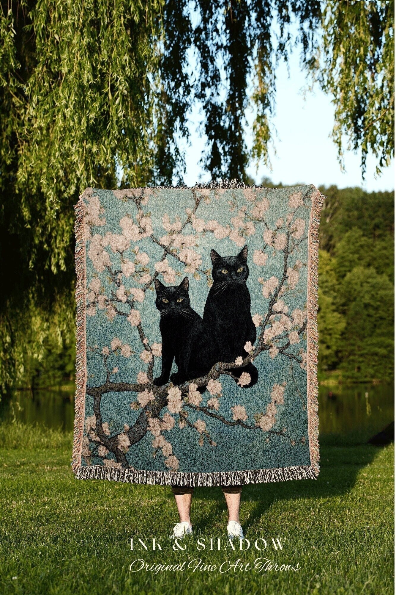 Van Gogh 'Almond Blossom" Black Cat Painting Blanket Woven | Funny Tapestry Black Cat Painting Van Gogh Inspired Art Blanket Famous Art Gift