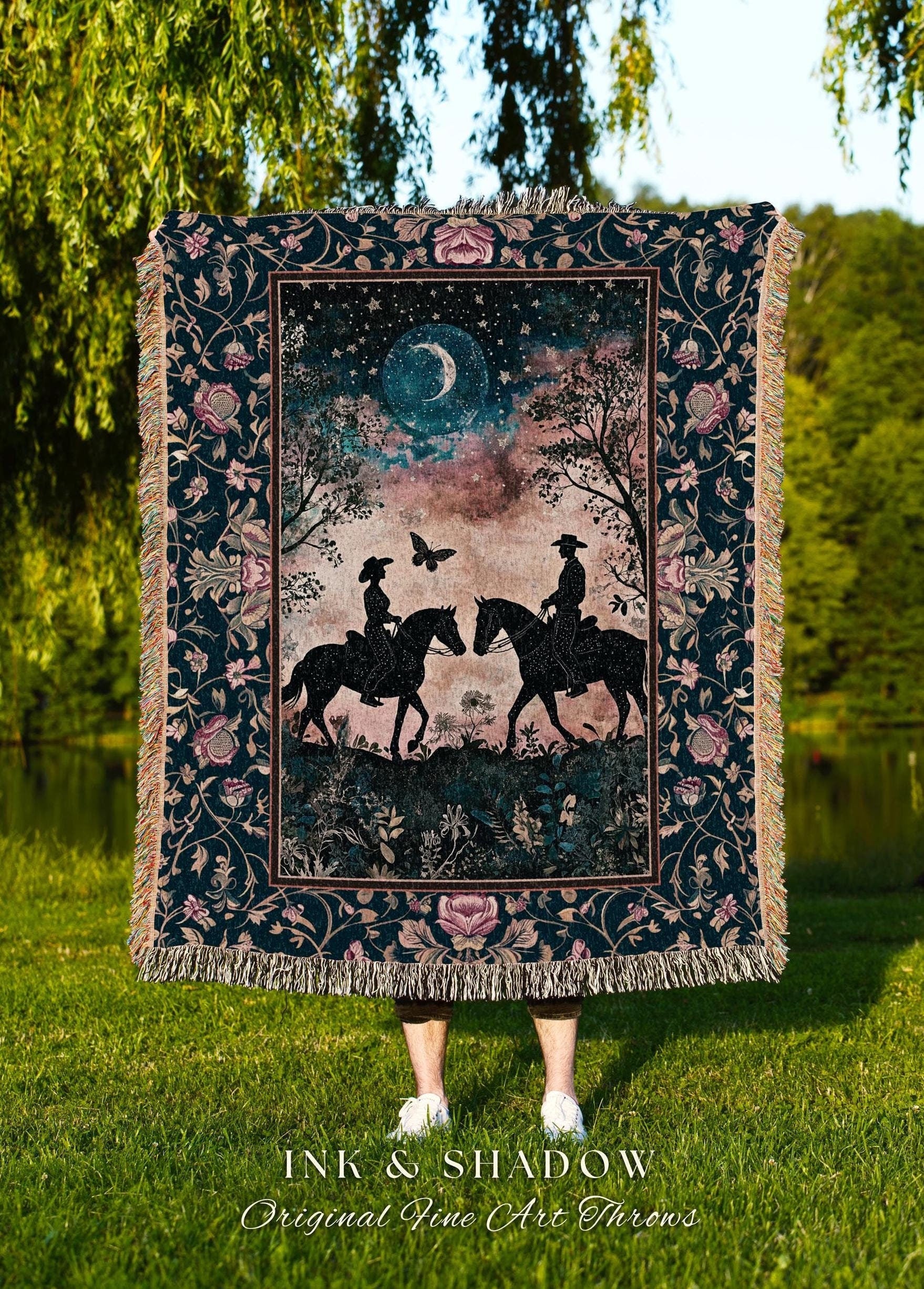 Moody Western Lovers Woven Blanket | Starry Night Moonlit Western Celestial Silhouettes Cowgirl Cowboy Ethereal Farmhouse Decor Mystic Cute