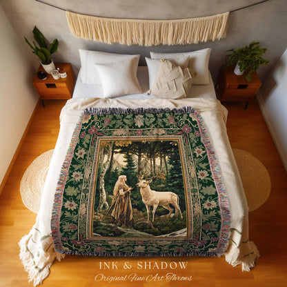 Emerald Forest Spirits Woven Tapestry | Botanical Elegance Woodland Spirits Dark Green Wall Art Goth Fairycore Romantic Woven Throw Blanket