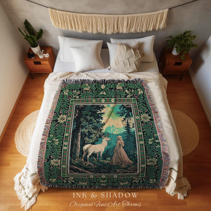 Faerie Realm Mystic Forest Tapestry | Enchanted Gothic Landscape Dark Academia Nature Spirits Woven Throw Blanket Renaissance Magical Art |