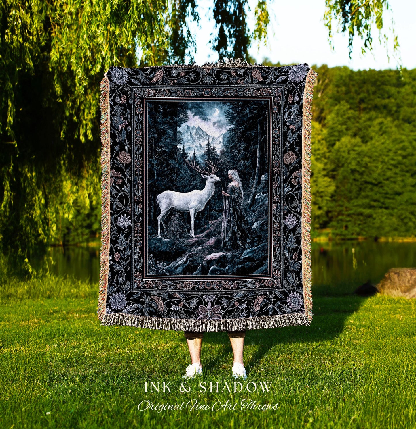 Goddess of the Woods Woven Tapestry | Ethereal Forest Folklore Inspired Nature Throw Blanket Botanical Cottagecore Medieval Magic Romantic |