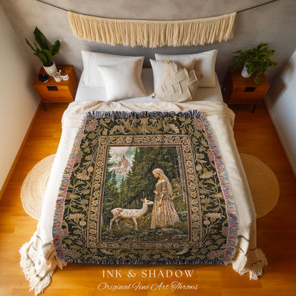 Whimsy Woodland Goddess Throw Blanket | Elegant Fairytale Tapestry Woven Wall Art Victorian Botanical Princess Mystic Deer Forest Spirit Art