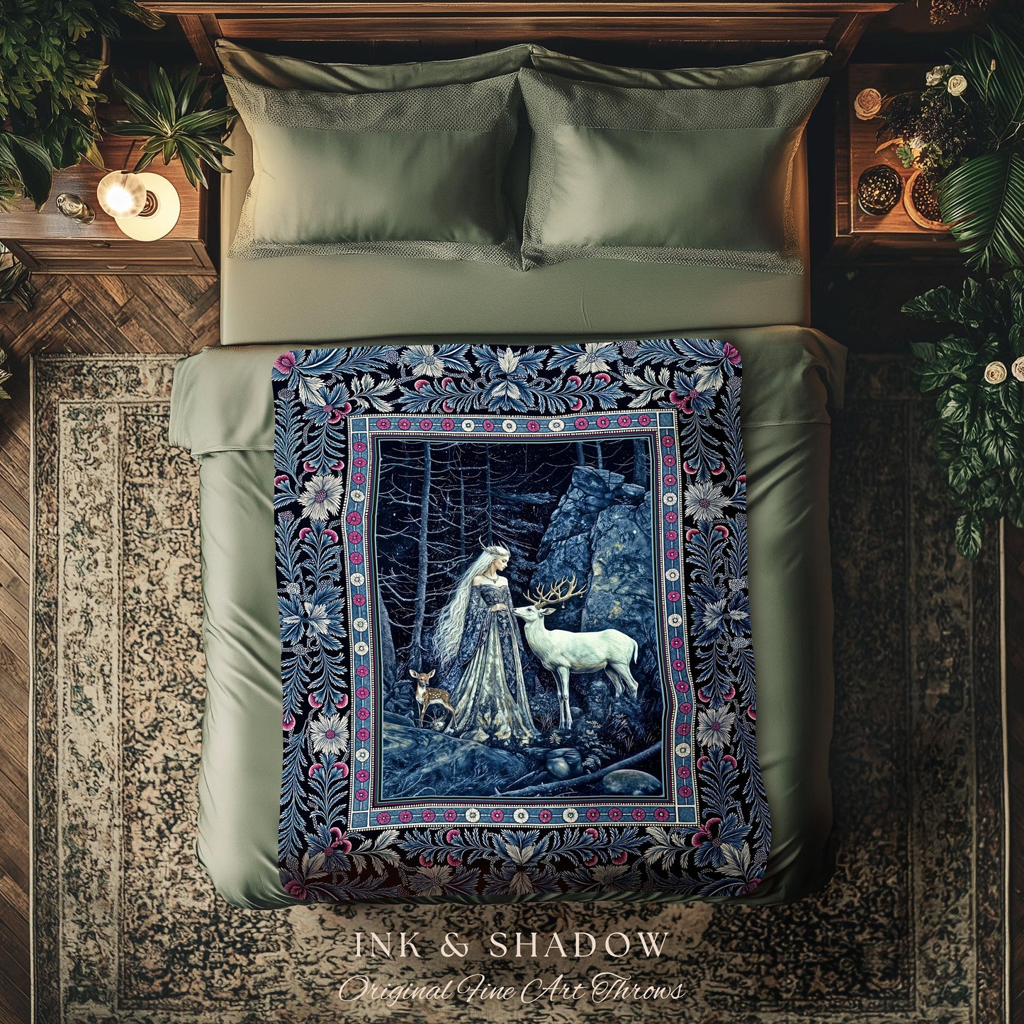 Spirit Animals Ethereal Goddess Blanket | Storybook Aesthetic Magical Forest Nymph Fantasy Tapestry Dark Victorian Woodland Throw Blanket |