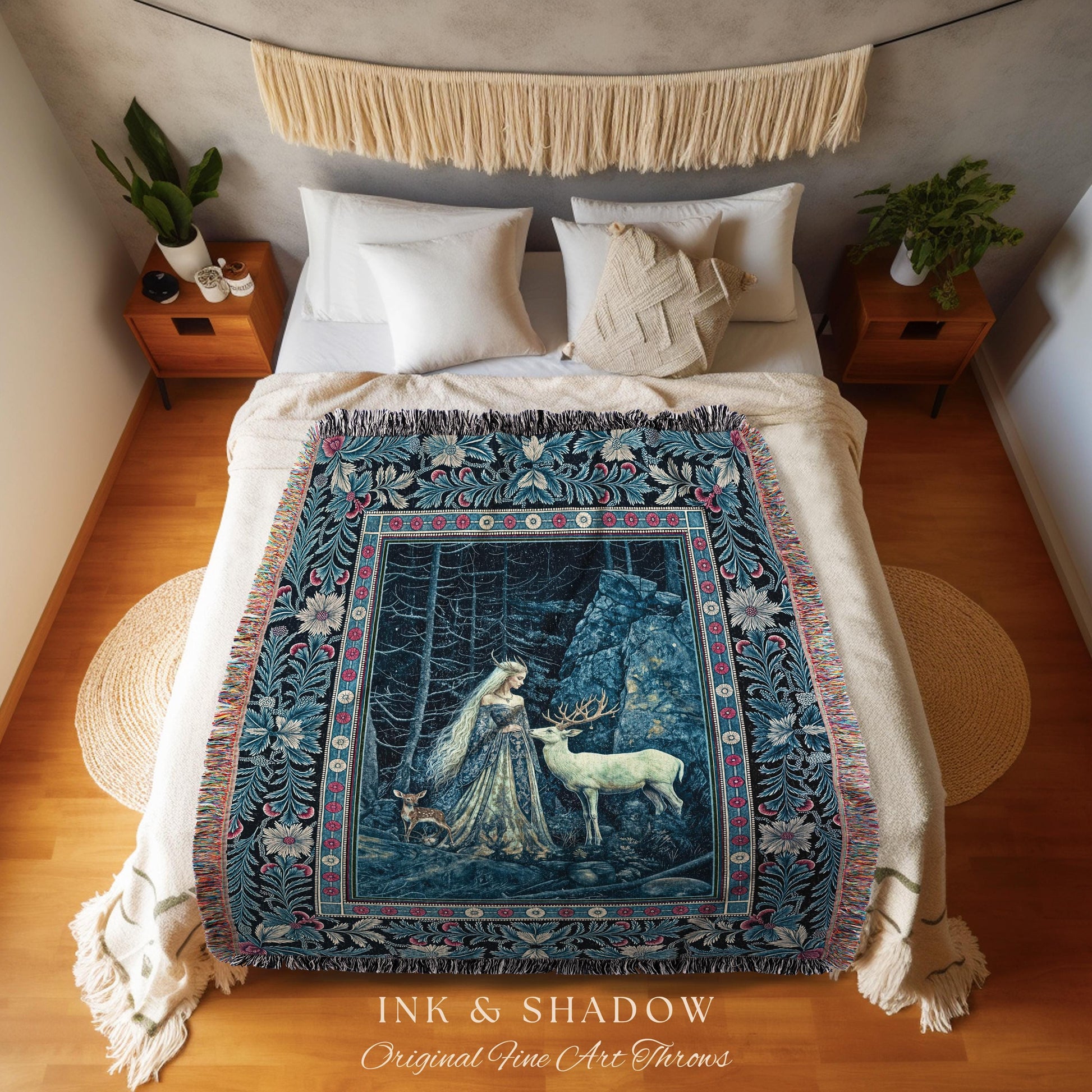 Spirit Animals Ethereal Goddess Blanket | Storybook Aesthetic Magical Forest Nymph Fantasy Tapestry Dark Victorian Woodland Throw Blanket |