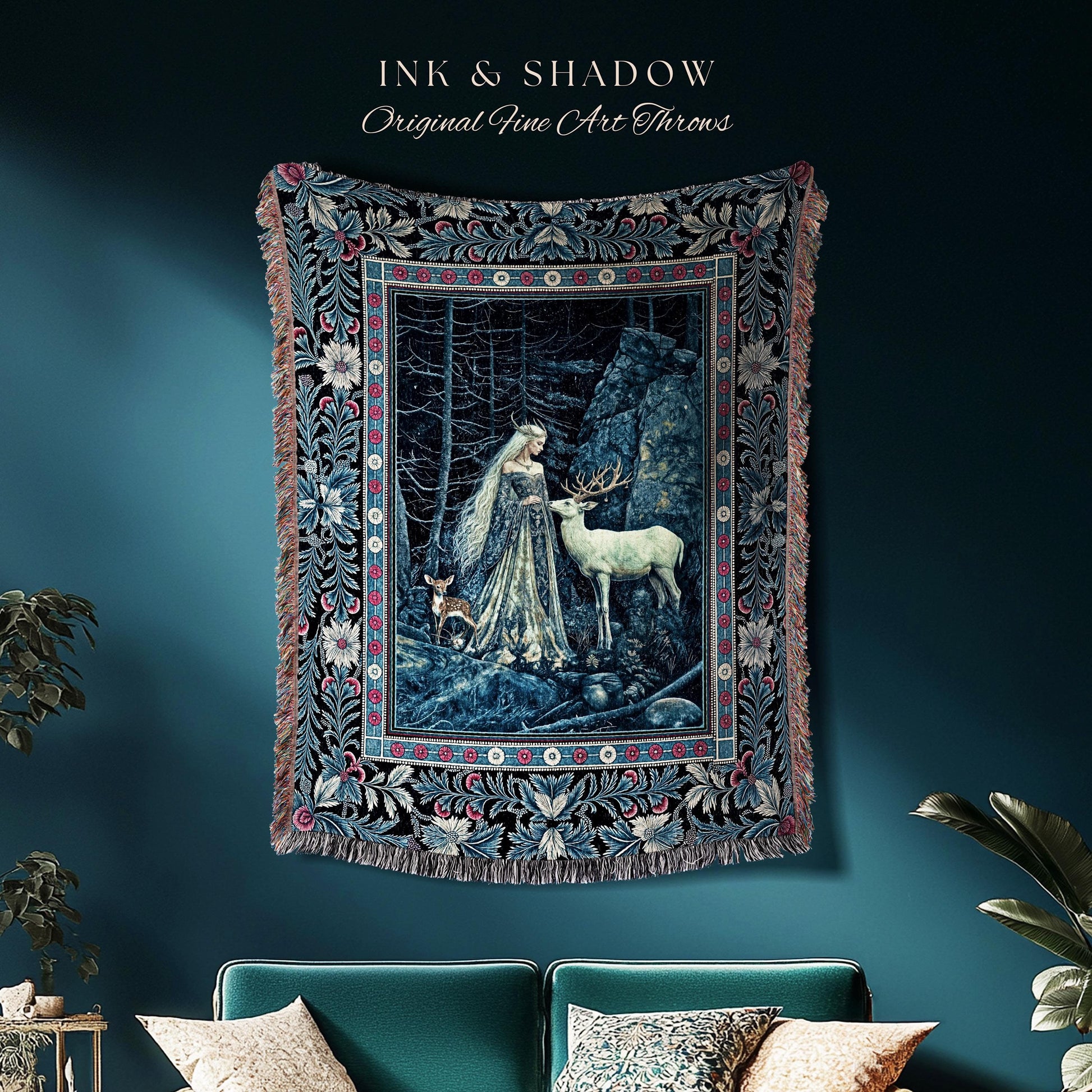 Spirit Animals Ethereal Goddess Blanket | Storybook Aesthetic Magical Forest Nymph Fantasy Tapestry Dark Victorian Woodland Throw Blanket |