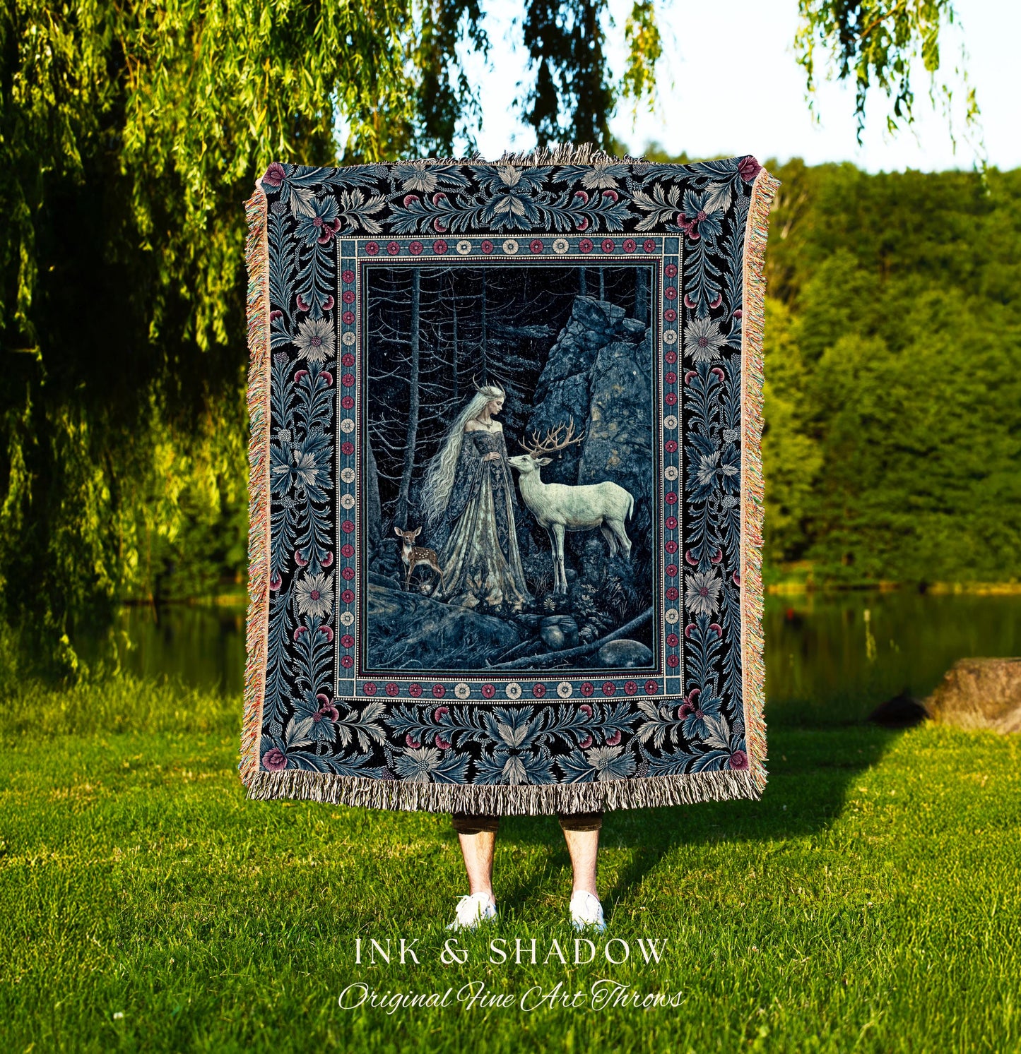 Spirit Animals Ethereal Goddess Blanket | Storybook Aesthetic Magical Forest Nymph Fantasy Tapestry Dark Victorian Woodland Throw Blanket |