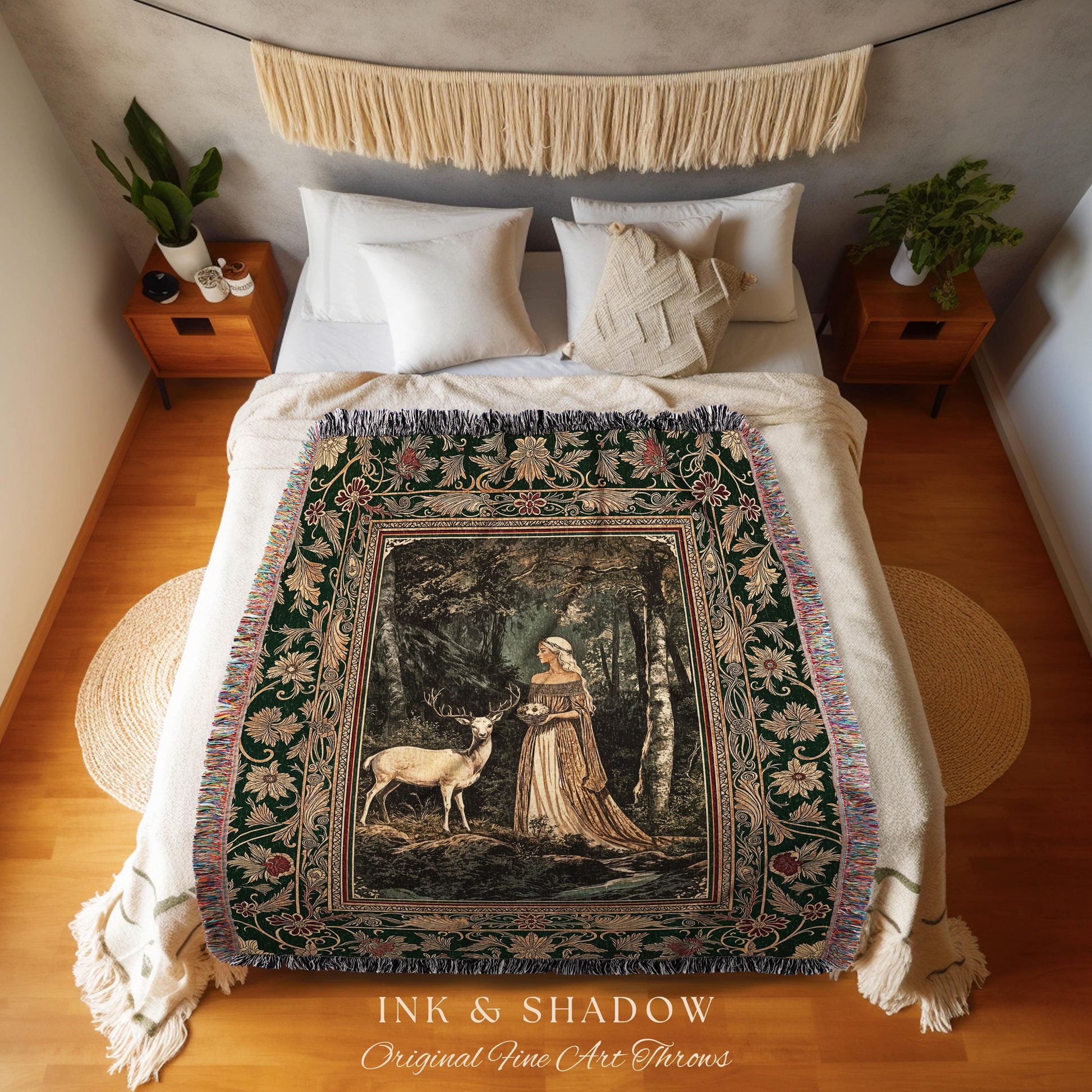 Nature Spirits Ethereal Woven Tapestry | Royal Medieval Folklore inspired Woodland Landscape Throw Blanket Fantasy Wall Art Dark Forest |