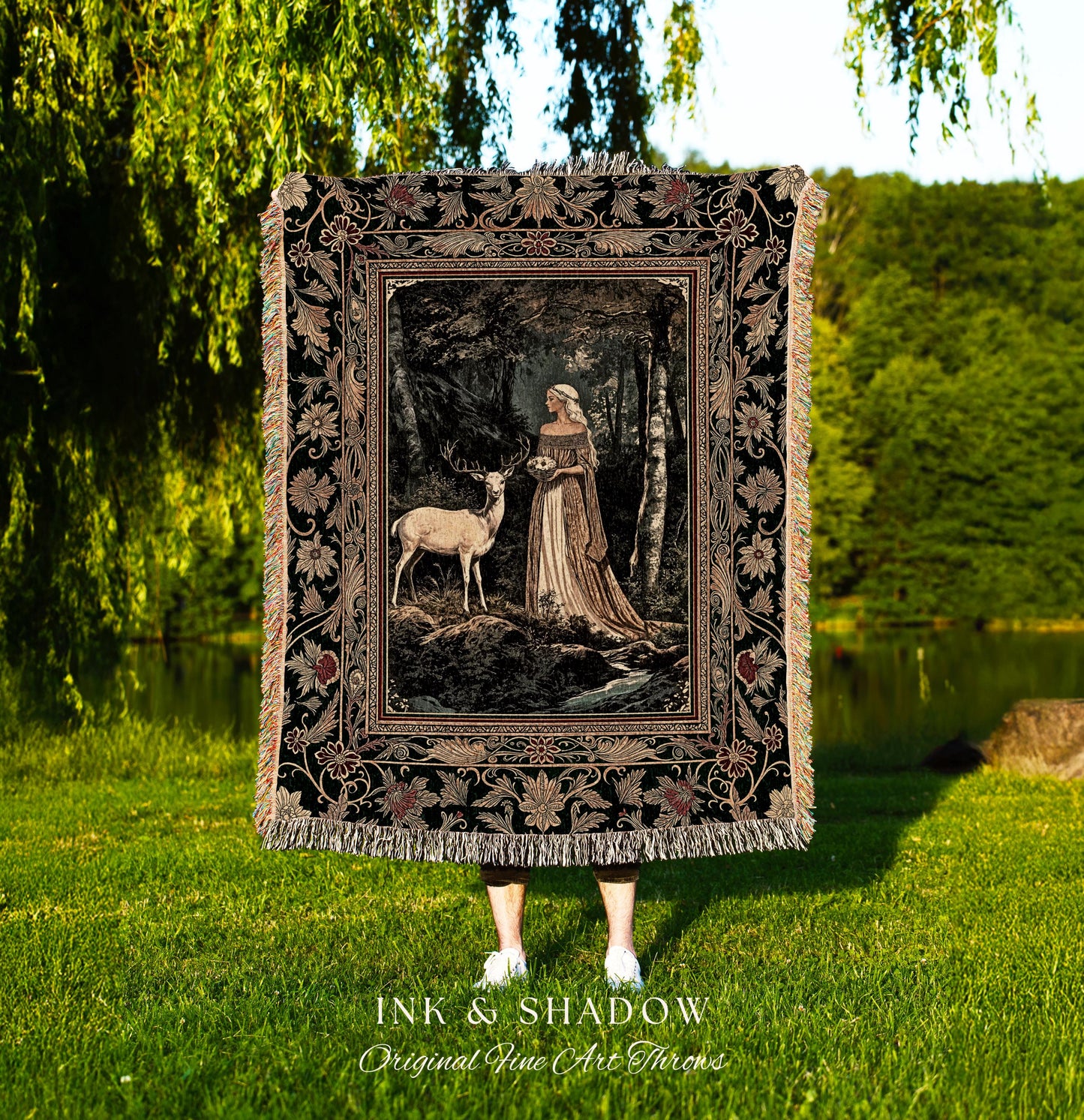 Nature Spirits Ethereal Woven Tapestry | Royal Medieval Folklore inspired Woodland Landscape Throw Blanket Fantasy Wall Art Dark Forest |