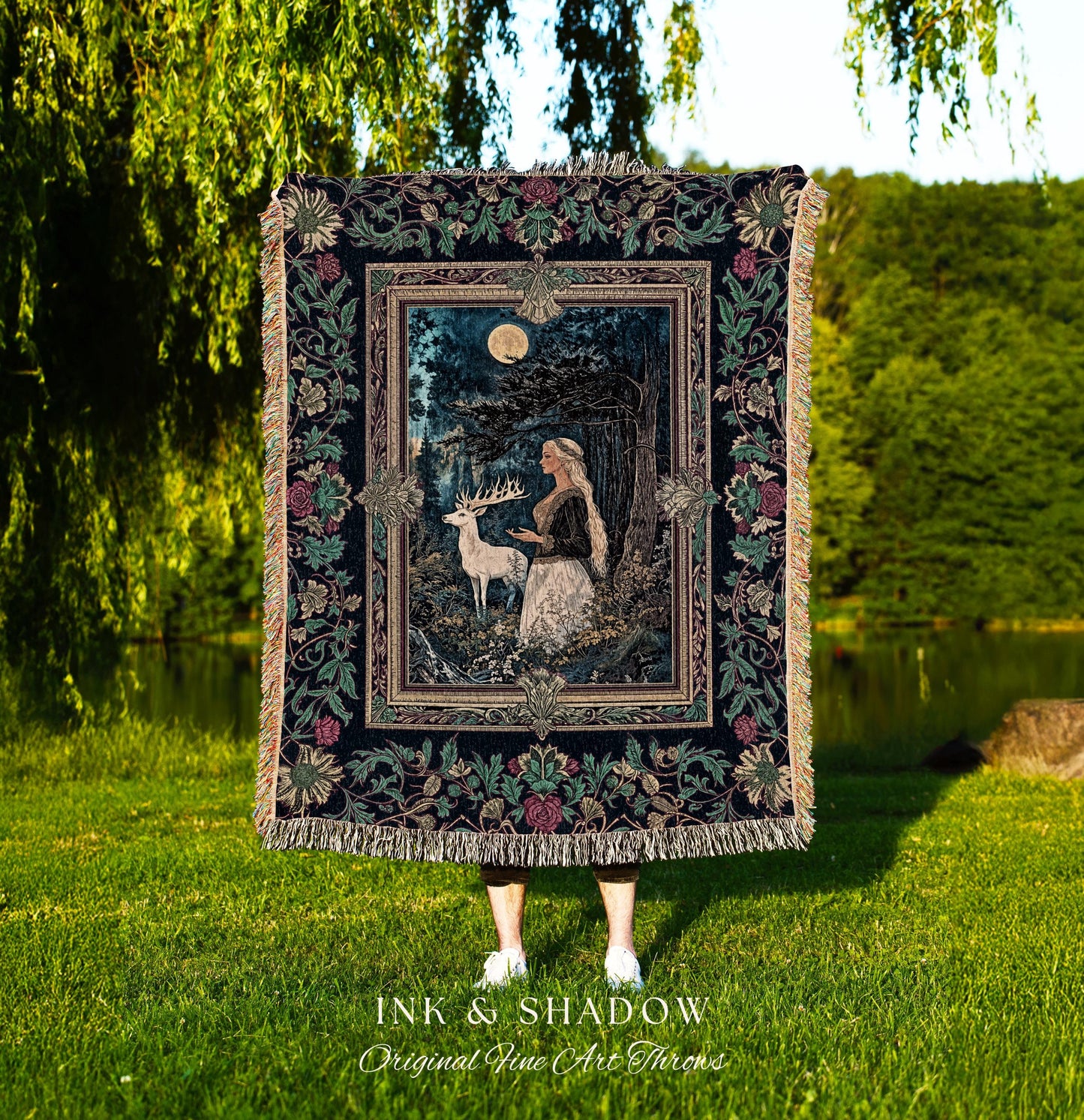 Moonlit Fairytale Mystic Tapestry Woven | Woodland Gothic Forest Green Nature Goddess Throw Blanket Folklore Botanical Fantasy Renaissance |