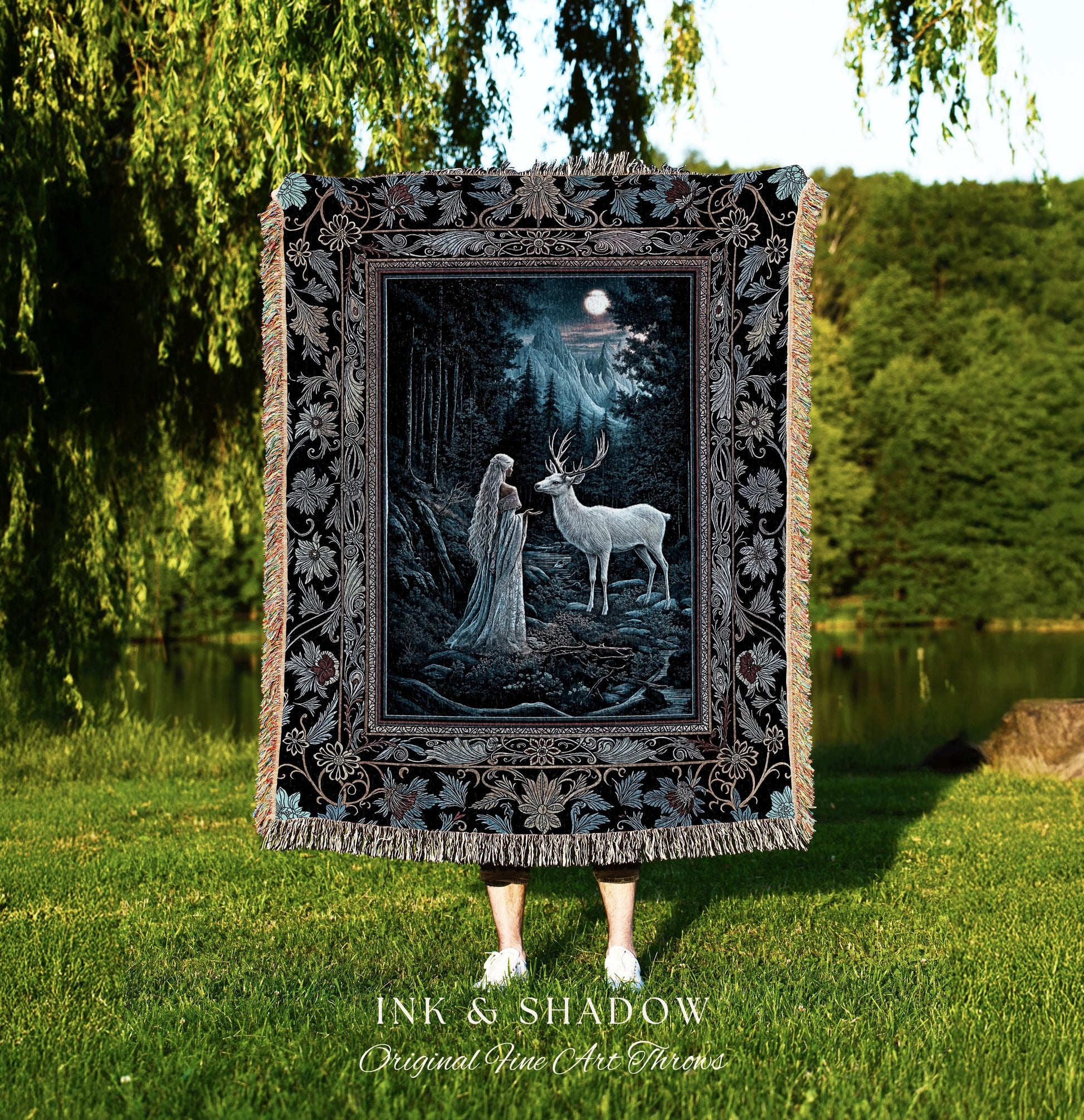 Midnight Magic Moonlit Fantasy Tapestry | Forest Goddess Spirit Animal Fairycore Ethereal Woven Blanket Folklore Inspired Nature Throw |