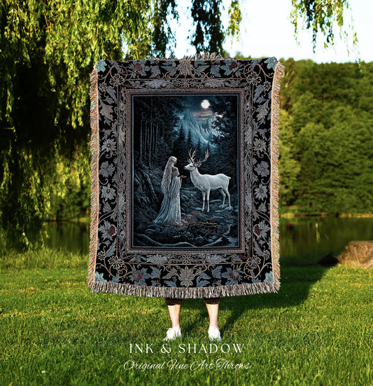 Midnight Magic Moonlit Fantasy Tapestry | Forest Goddess Spirit Animal Fairycore Ethereal Woven Blanket Folklore Inspired Nature Throw |