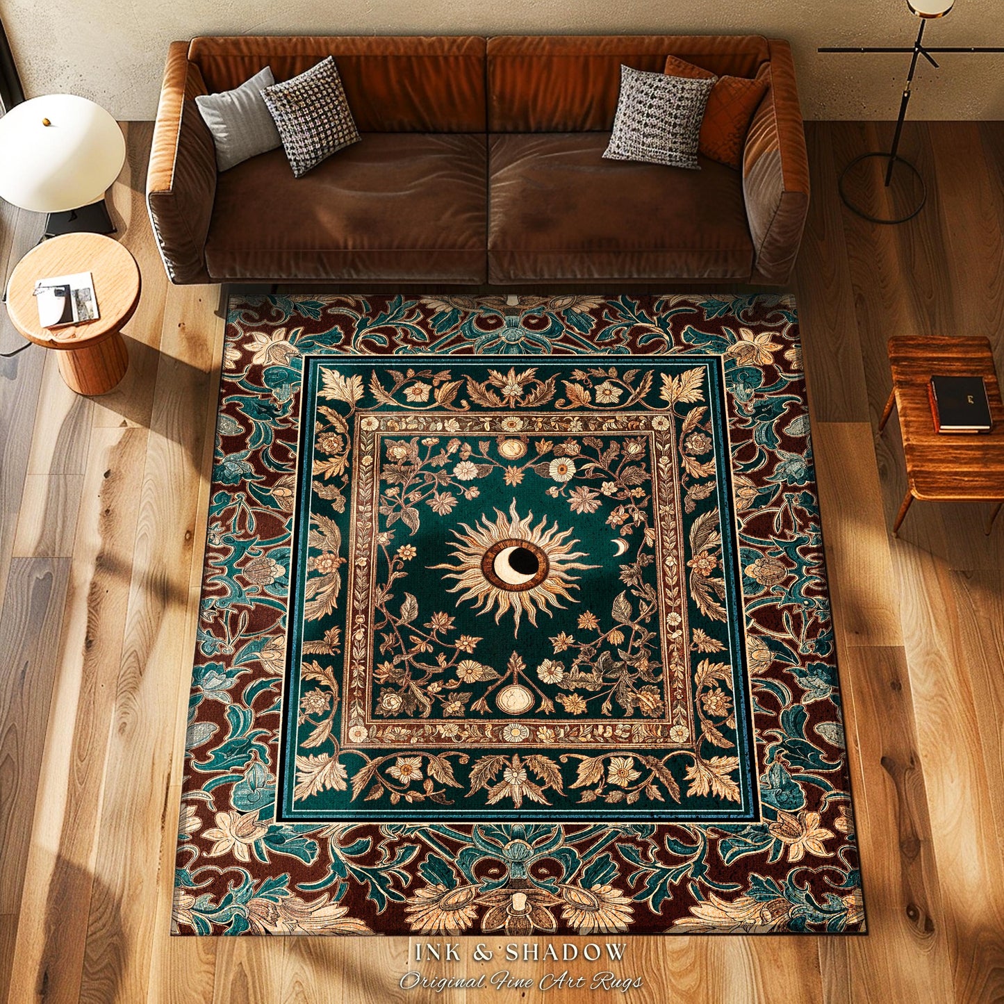 Moon and Sun Ethereal Bohemian Rug | Celestial Tarot Aesthetic Zodiac Inspired Floral Maximalist Bedroom Ethereal Astrology Witchy Area Rug