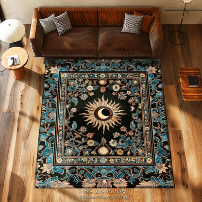 Mystic Moon Dark Academia Rug | Celestial Tarot Inspired Gothic Maximalist Bedroom Rug Whimsical Astrology Ethereal Witchy Home Decor