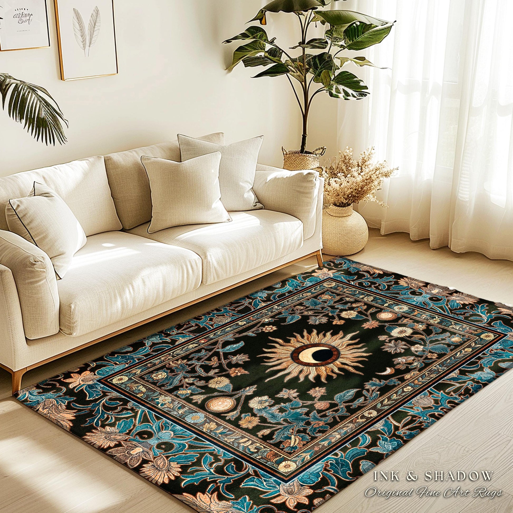 Mystic Moon Dark Academia Rug | Celestial Tarot Inspired Gothic Maximalist Bedroom Rug Whimsical Astrology Ethereal Witchy Home Decor