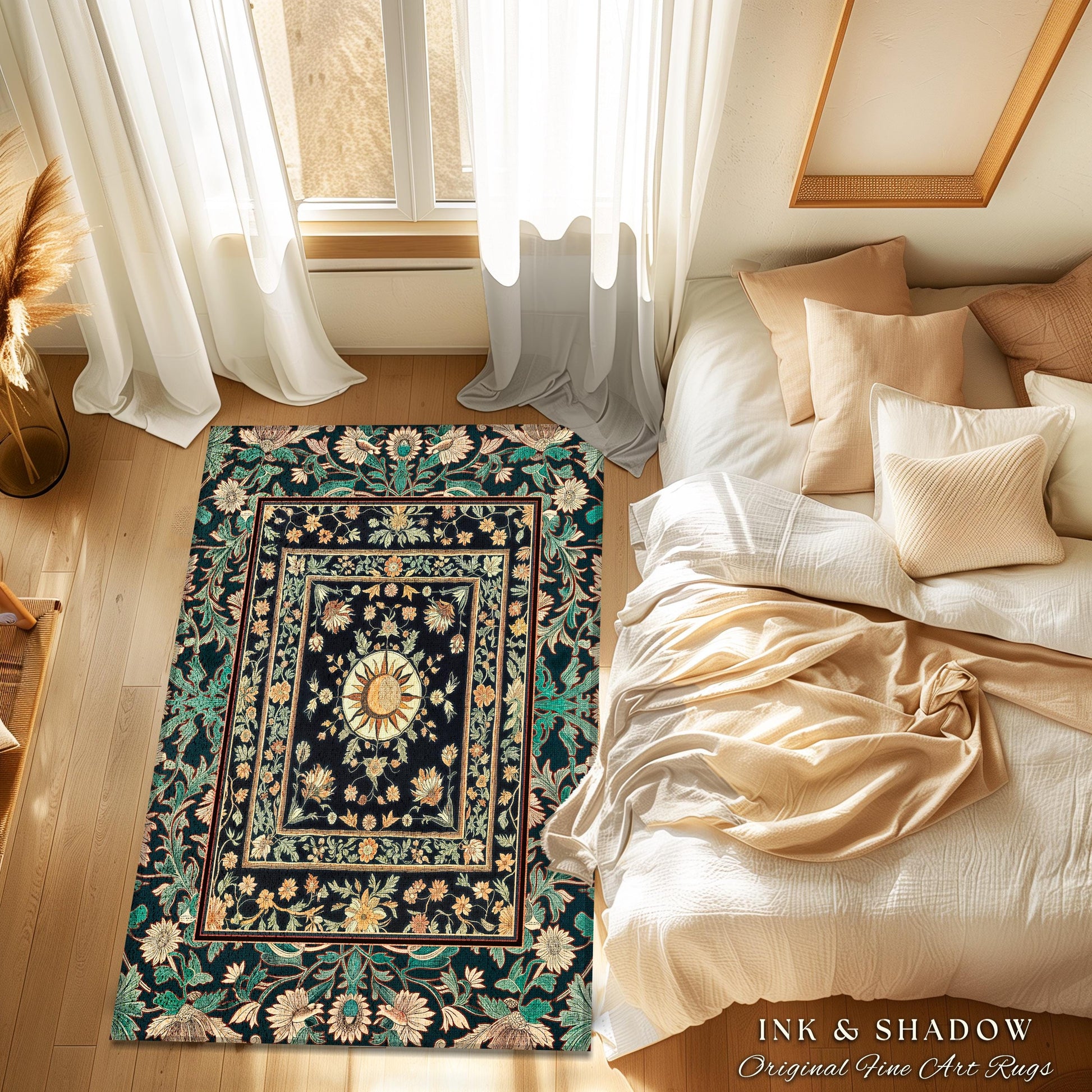 Witchy Sun Dark Academia Rug | Bohemian Rustic Whimsical Gothic Maximalist Bedroom Rug Whimsical Celestial Astrology Aesthetic Magical Home