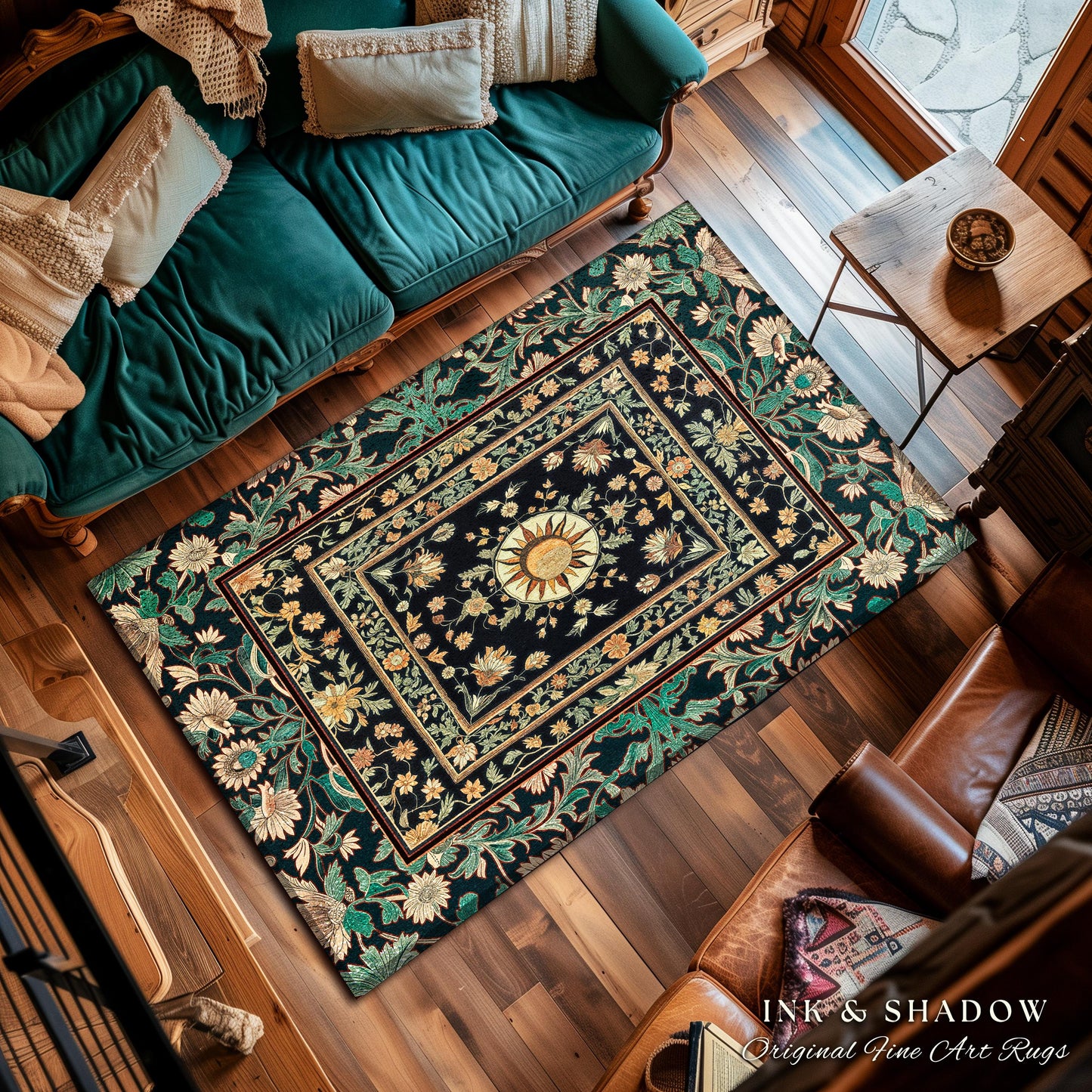 Witchy Sun Dark Academia Rug | Bohemian Rustic Whimsical Gothic Maximalist Bedroom Rug Whimsical Celestial Astrology Aesthetic Magical Home