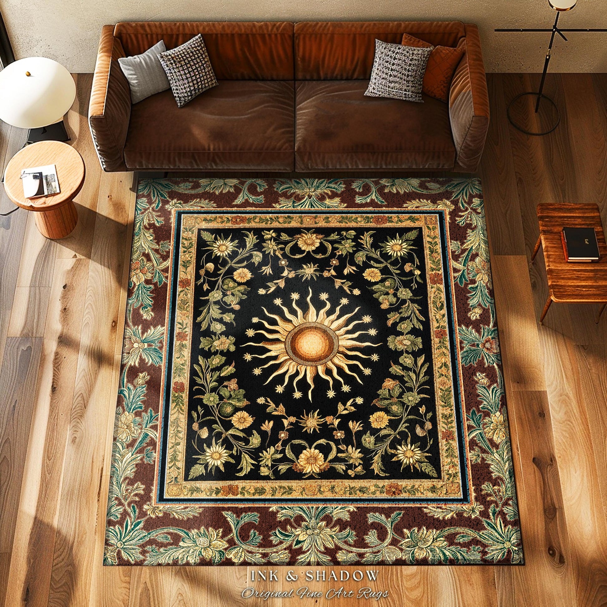 Ethereal Energy Celestial Bedroom Rug | Mystic Boho Maximalist Astrology Inspired Witchy Sun and Moon Gothic Tarot Aesthetic Enchanted Decor