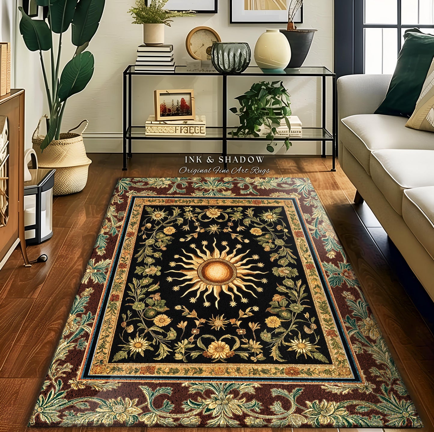 Ethereal Energy Celestial Bedroom Rug | Mystic Boho Maximalist Astrology Inspired Witchy Sun and Moon Gothic Tarot Aesthetic Enchanted Decor