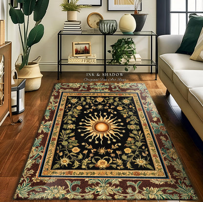 Ethereal Energy Celestial Bedroom Rug | Mystic Boho Maximalist Astrology Inspired Witchy Sun and Moon Gothic Tarot Aesthetic Enchanted Decor