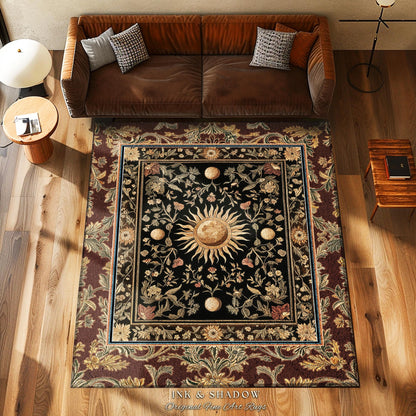 Dark Skies Celestial Area Rug | Enchanted Celestial Witchy Astrology Boho Maximalist Decor Sun and Moon Tarot Inspired Gothic Home Accent