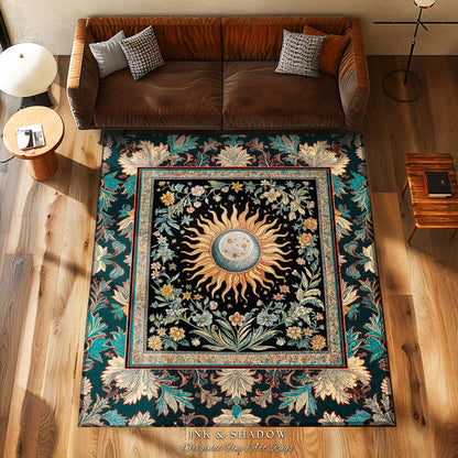 Enchanted Zodiac Mystic Accent Rug | Celestial Gothic Tarot Inspired Astrology Bohemian Sun and Moon Witchy Maximalist Dreamy Home Decor |