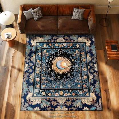 Lunar Energy Peaceful Bedroom Rug | Gothic Bohemian Astrology Mystic Whimsical Sun & Moon Maximalist Witchy Tarot Decor Celestial Accent Rug