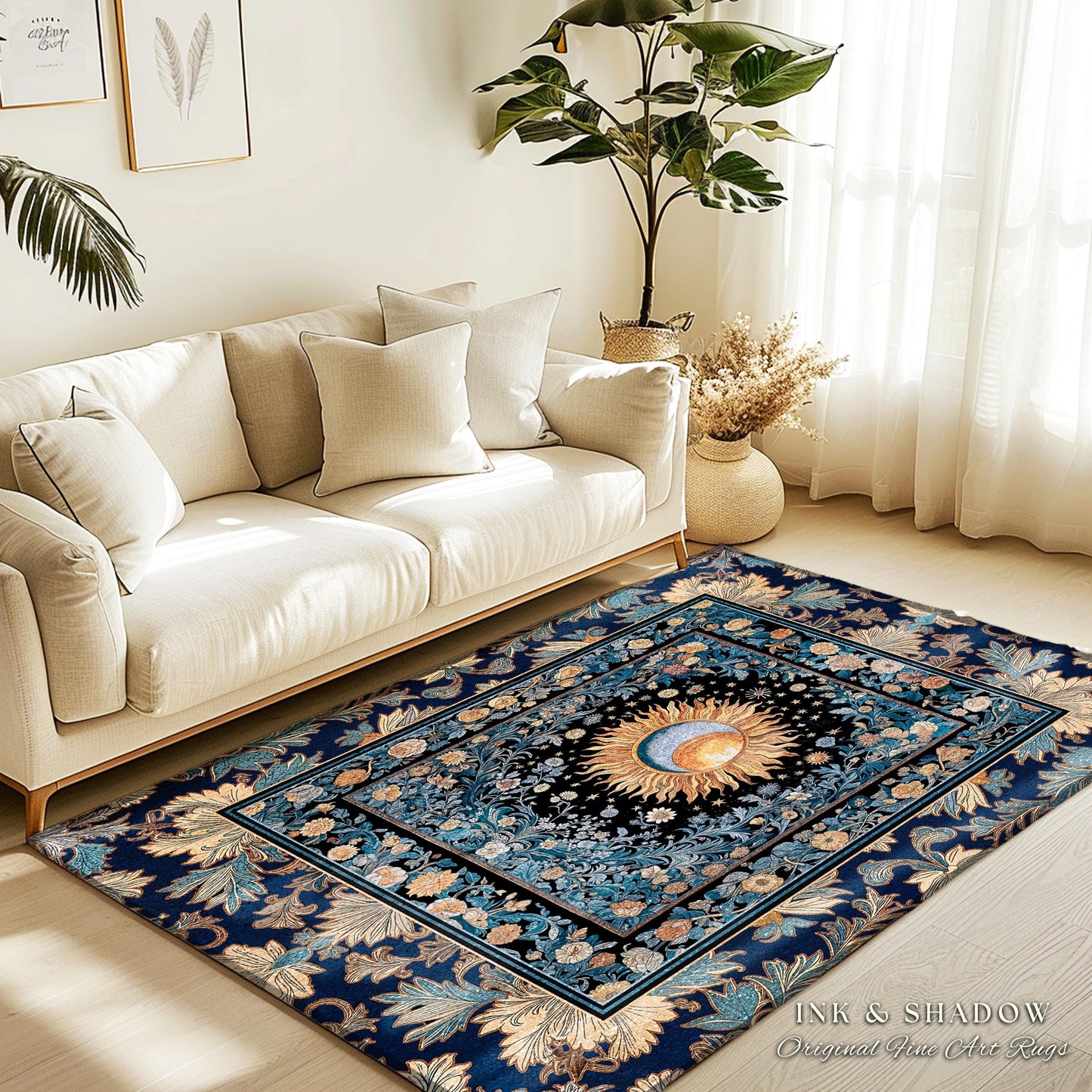 Lunar Energy Peaceful Bedroom Rug | Gothic Bohemian Astrology Mystic Whimsical Sun & Moon Maximalist Witchy Tarot Decor Celestial Accent Rug