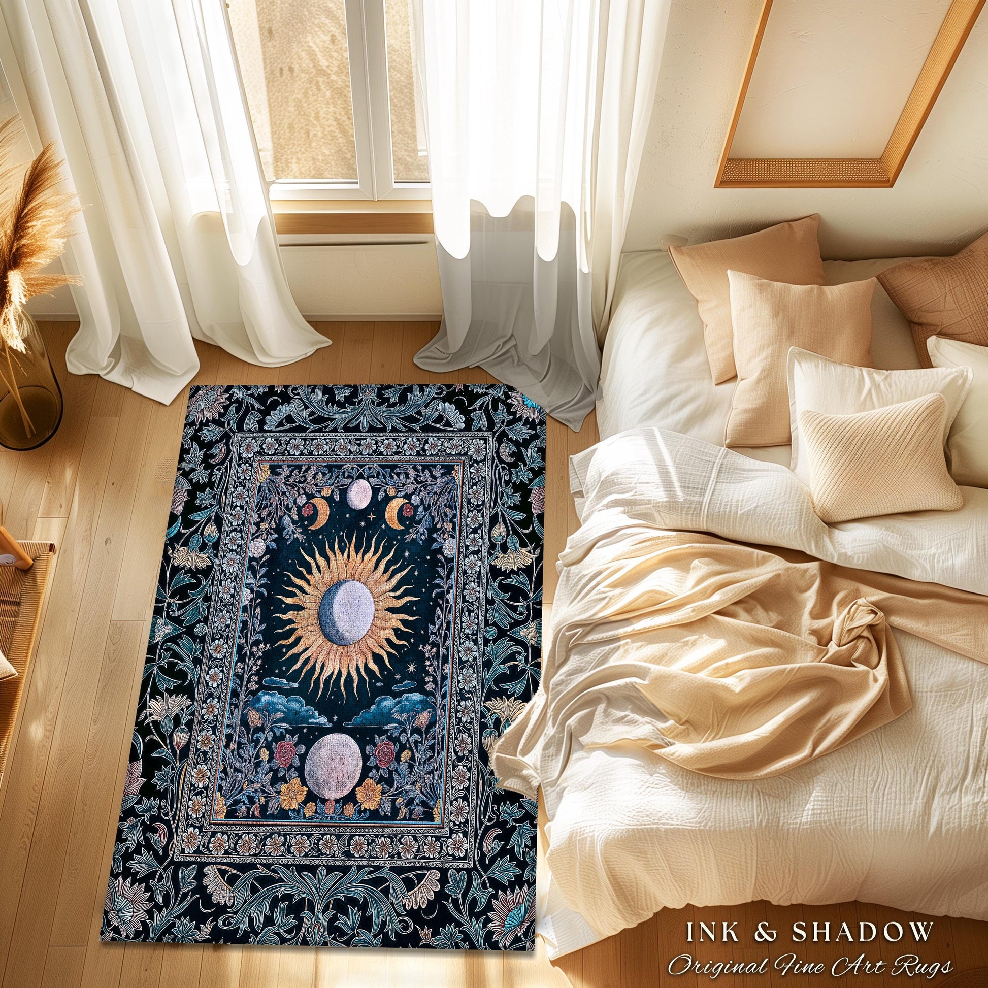 Whimsigothic Eclectic Moon Rug | Celestial Boho Mystic Tarot-Inspired Astrology Bedroom Decor Witchy Maximalist Floral Aesthetic Moody Style