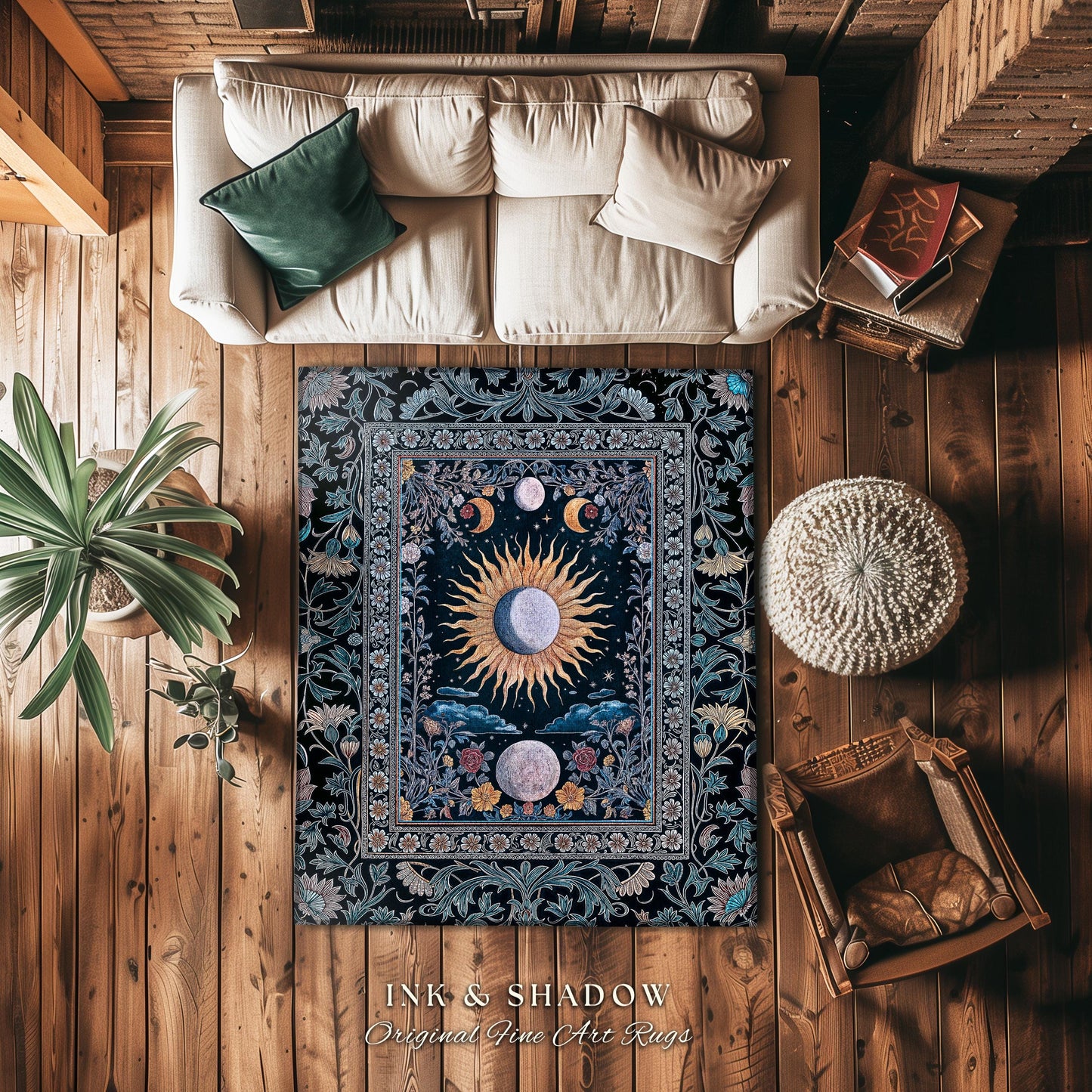 Whimsigothic Eclectic Moon Rug | Celestial Boho Mystic Tarot-Inspired Astrology Bedroom Decor Witchy Maximalist Floral Aesthetic Moody Style